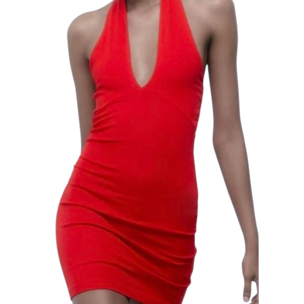Zara Red Bodycon Halter Mini Dress L Open Back Going Out Club Party Rave - Picture 4 of 15